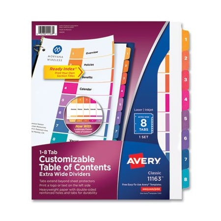 Avery Dennison Avery, CUSTOMIZABLE TOC READY INDEX MULTICOLOR DIVIDERS, 8-TAB, LETTER 11163